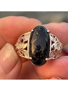 MYSTICAL Solitaire Oval Genuine Shunghite Rose Gold Plated Brass Ring 8.75/ 9